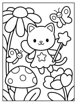Desenho de Fada Gatinha no Jardim Mágico para colorir e imprimir grátis