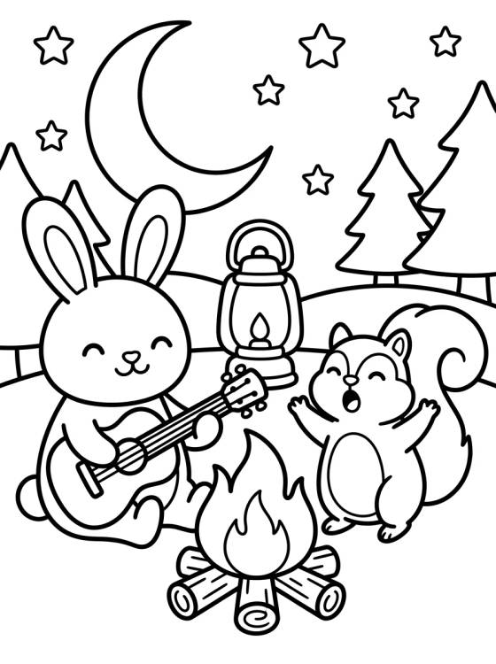 Animais da Floresta Cantando no Acampamento para colorir Desenho de Animais da Floresta Cantando no Acampamento para colorir e imprimir grátis
