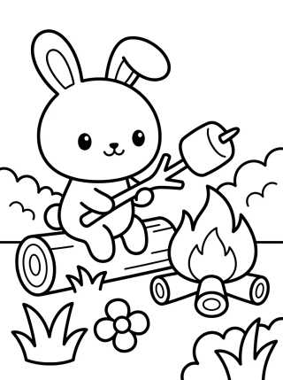Desenho de Coelhinho Assando Marshmallow na Fogueira para colorir e imprimir grátis