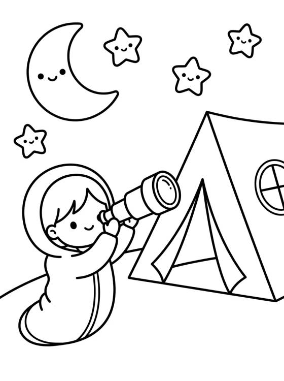 Criança Observando as Estrelas no Acampamento para colorir Desenho de Criança Observando as Estrelas no Acampamento para colorir e imprimir grátis