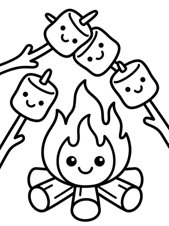 Desenho de Fogueira Alegre e Marshmallows para colorir e imprimir grátis