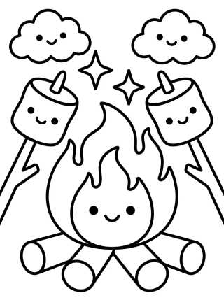 Desenho de Fogueira Mágica com Marshmallows Fofos para colorir e imprimir grátis