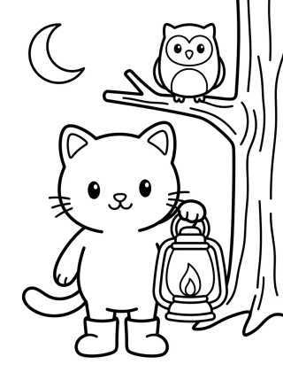 Desenho de Gatinho Cativante com Lanterna à Noite para colorir e imprimir grátis