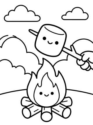 Marshmallow Feliz na Fogueira de Acampamento para colorir Desenho de Marshmallow Feliz na Fogueira de Acampamento para colorir e imprimir grátis