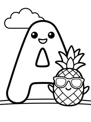 Desenho de Letra A com Abacaxi Fofo para colorir e imprimir grátis