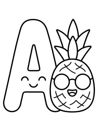 Desenho de Letra A com Abacaxi Fofo para colorir e imprimir grátis