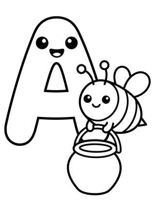 Letra A com Abelha Fofa para colorir Desenho de Letra A com Abelha Fofa para colorir e imprimir grátis