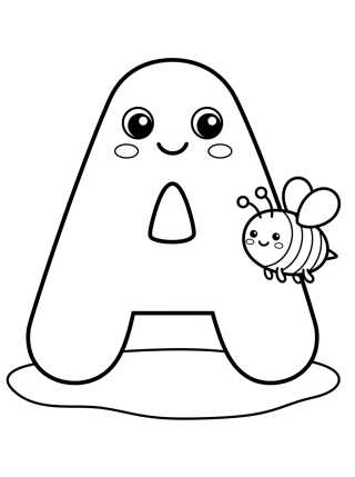 Desenho de Letra A com Abelhinha Kawaii para colorir e imprimir grátis