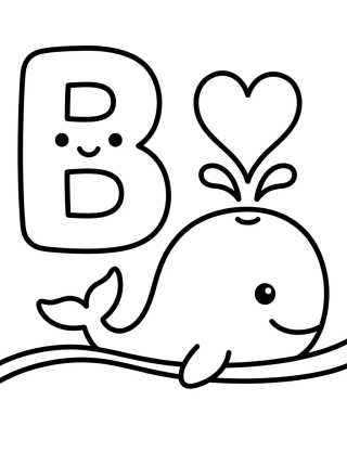 Desenho de Letra B com Baleia Fofinha para colorir e imprimir grátis