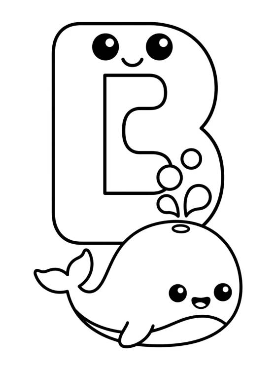 Desenho de Letra B com Baleia Kawaii para colorir e imprimir grátis