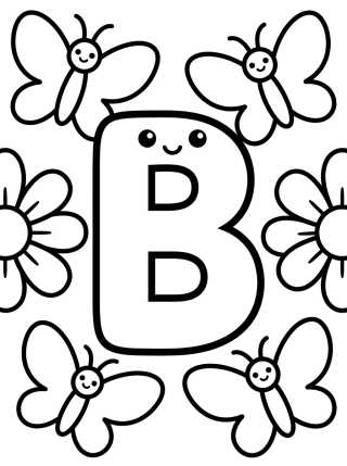 Letra B com Borboleta Kawaii para colorir Desenho de Letra B com Borboleta Kawaii para colorir e imprimir grátis