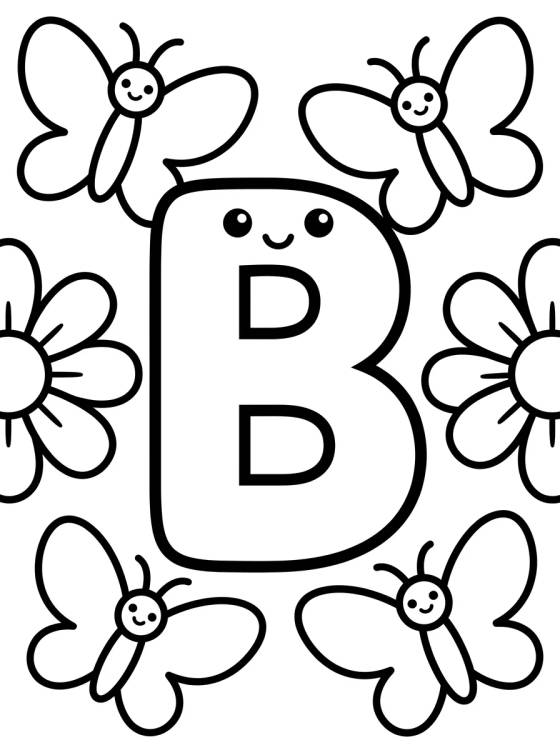Letra B com Borboleta Kawaii para colorir Desenho de Letra B com Borboleta Kawaii para colorir e imprimir grátis