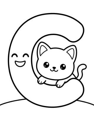 Desenho de Letra C com Gatinho Fofo para colorir e imprimir grátis