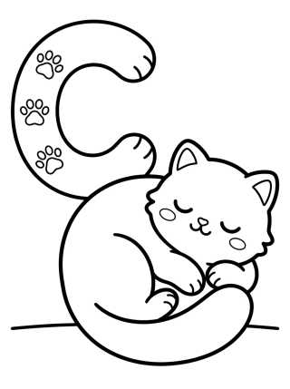 Desenho de Letra C e Gatinho Kawaii para colorir e imprimir grátis