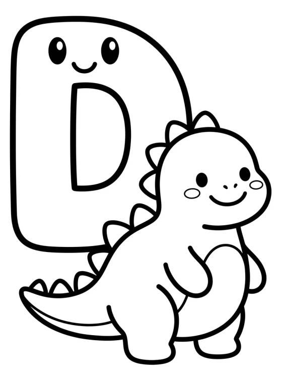 Desenho de Letra D com Dinossauro Baby para colorir e imprimir grátis