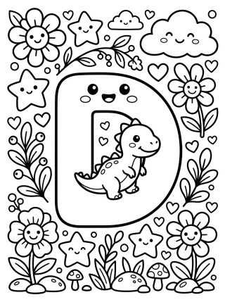 Desenho de Letra D do Dinossaurinho Fofo para colorir e imprimir grátis