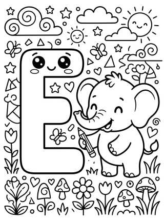Desenho de Letra E do Elefantinho Charmoso para colorir e imprimir grátis