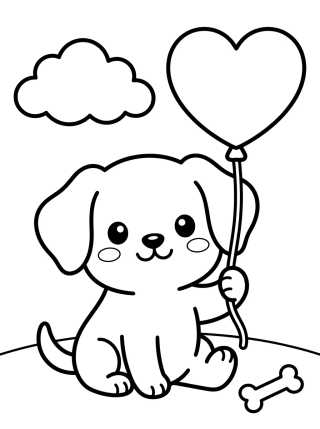 Desenho de Cachorrinho com Balão de Coração para colorir e imprimir grátis