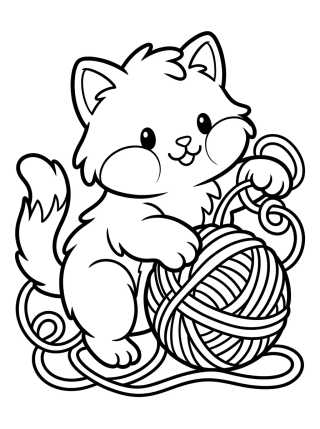 Desenho de Gatinho Fofo com Novelo de Lã para colorir e imprimir grátis