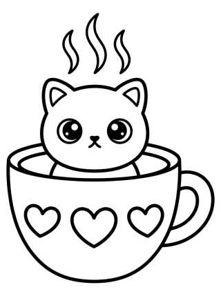 Gatinho Fofo na Xícara para colorir Desenho de Gatinho Fofo na Xícara para colorir e imprimir grátis