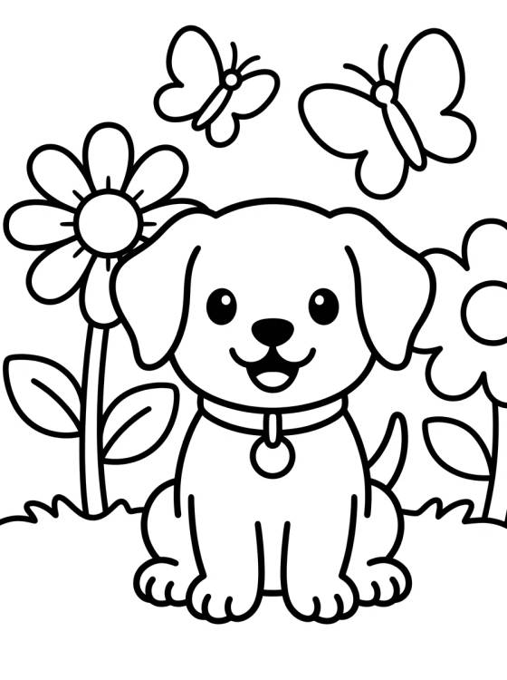 Desenho de Cachorrinho Feliz no Jardim para colorir e imprimir grátis