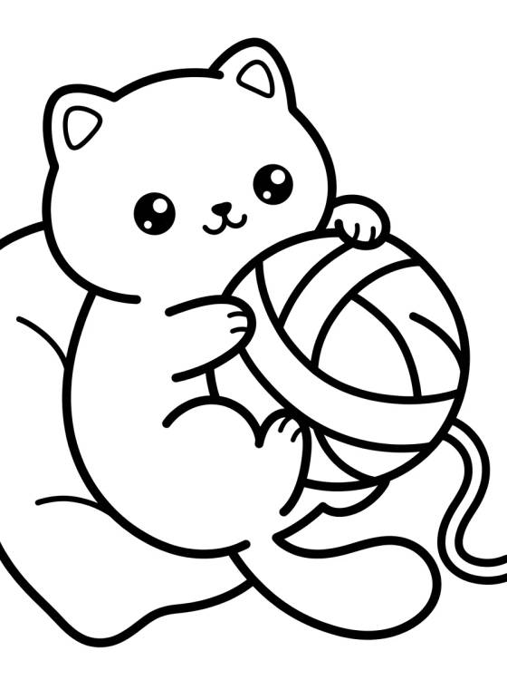 Desenho de Gatinho Kawaii no Novelo de Lã para colorir e imprimir grátis