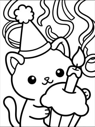 Desenho de Gatinho com Chapéu de Aniversário para colorir e imprimir grátis
