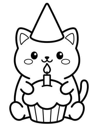 Gatinho com Chapéu e Cupcake para colorir Desenho de Gatinho com Chapéu e Cupcake para colorir e imprimir grátis