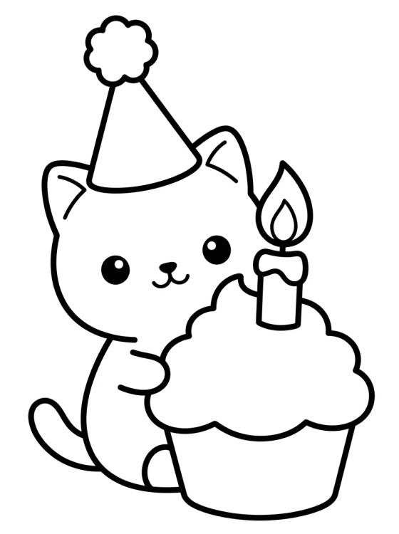 Desenho de Gatinho com Cupcake de Aniversário para colorir e imprimir grátis