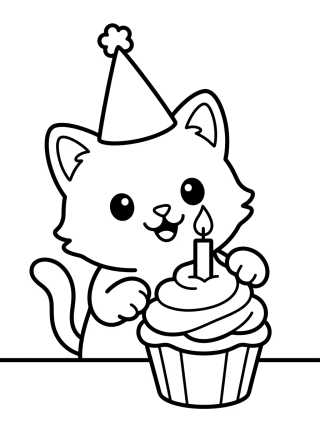 Desenho de Gatinho com Cupcake de Aniversário para colorir e imprimir grátis