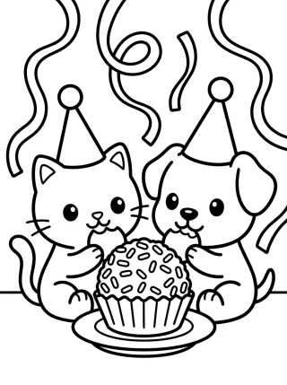 Desenho de Gatinho e Cachorrinho em Festa de Aniversário para colorir e imprimir grátis