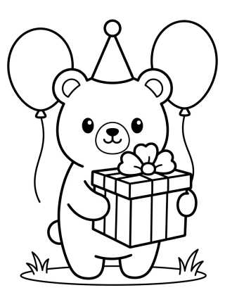 Desenho de Ursinho com Presente de Aniversário para colorir e imprimir grátis