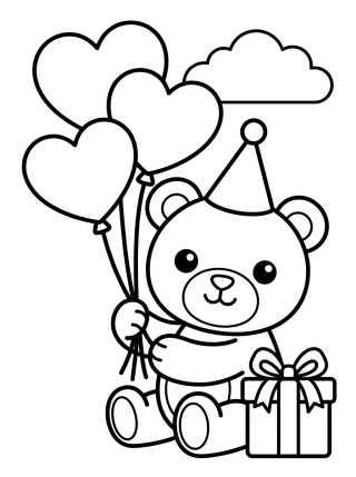 Desenho de Ursinho de Aniversário com Balões para colorir e imprimir grátis