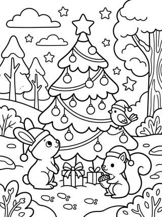 Desenho de Árvore de Natal com Animais da Floresta para colorir e imprimir grátis