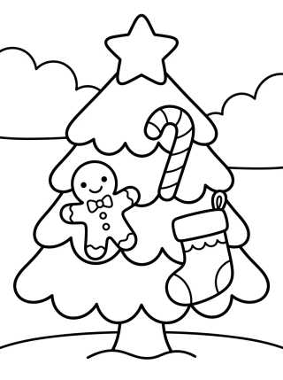 Desenho de Árvore de Natal com Homem de Biscoito para colorir e imprimir grátis