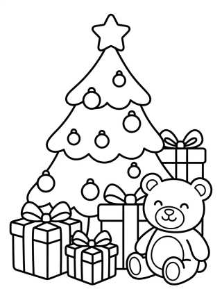 Desenho de Árvore de Natal com Presentes e Ursinho para colorir e imprimir grátis