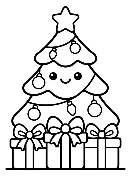 Desenho de Árvore de Natal com Presentes Fofos para colorir e imprimir grátis