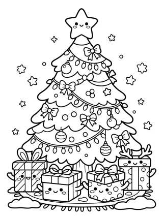 Desenho de Árvore de Natal com Presentes Fofos para colorir e imprimir grátis