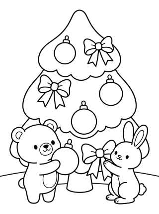 Desenho de Árvore de Natal Decorada por Bichinhos Fofos para colorir e imprimir grátis