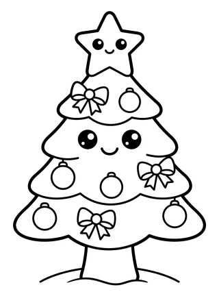 Desenho de Árvore de Natal Kawaii com Estrela para colorir e imprimir grátis