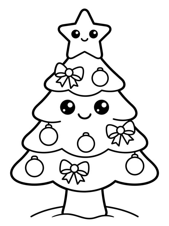 Desenho de Árvore de Natal Kawaii com Estrela para colorir e imprimir grátis
