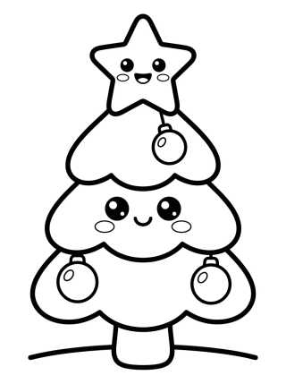 Desenho de Árvore de Natal Kawaii com Estrela Sorridente para colorir e imprimir grátis
