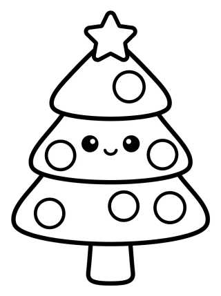 Desenho de Árvore de Natal Kawaii Sorridente para colorir e imprimir grátis
