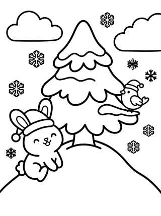 Desenho de Árvore de Natal na Neve com Animais Fofos para colorir e imprimir grátis