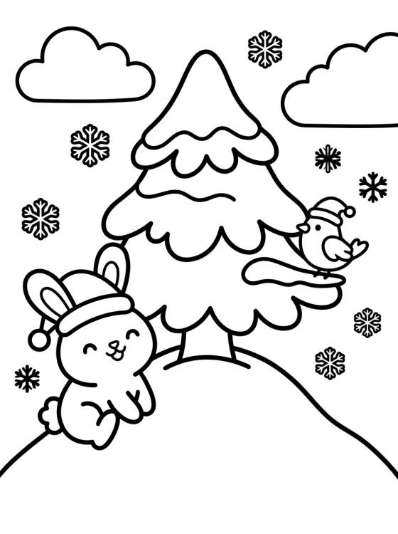 Desenho de Árvore de Natal na Neve com Animais Fofos para colorir e imprimir grátis