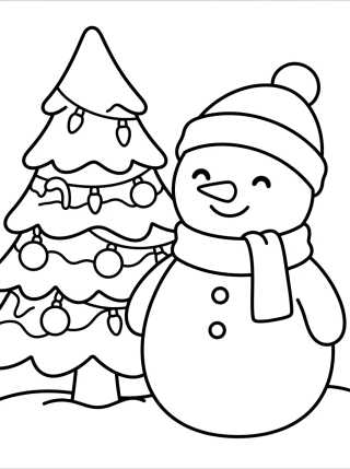 Desenho de Boneco de Neve ao Lado da Árvore de Natal para colorir e imprimir grátis