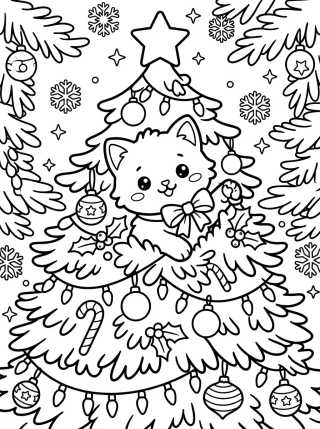 Desenho de Gatinho Brincando na Árvore de Natal para colorir e imprimir grátis