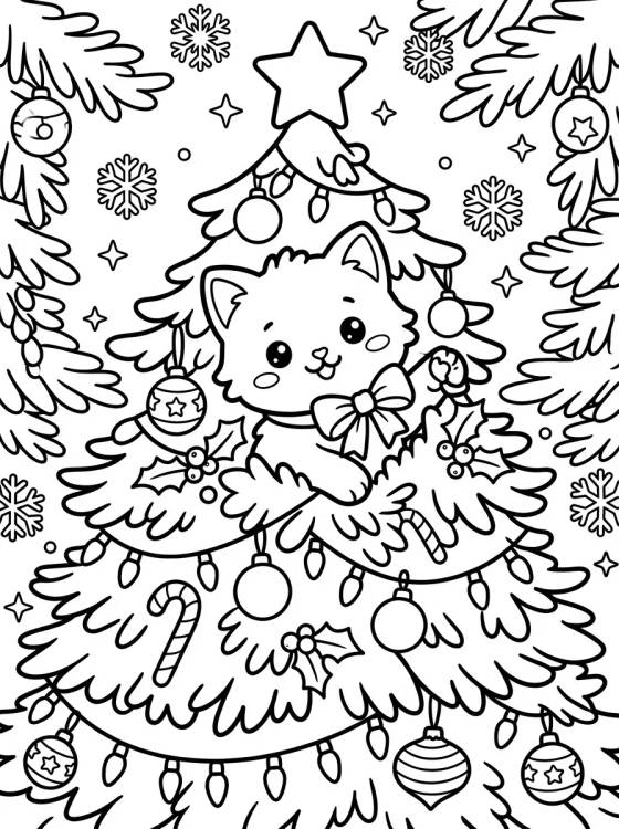 Desenho de Gatinho Brincando na Árvore de Natal para colorir e imprimir grátis