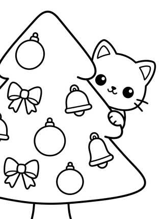 Desenho de Gatinho Curioso na Árvore de Natal para colorir e imprimir grátis