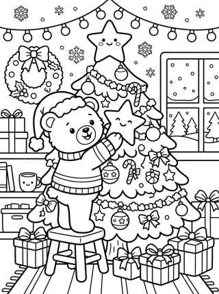 Desenho de Ursinho Decorando a Árvore de Natal para colorir e imprimir grátis